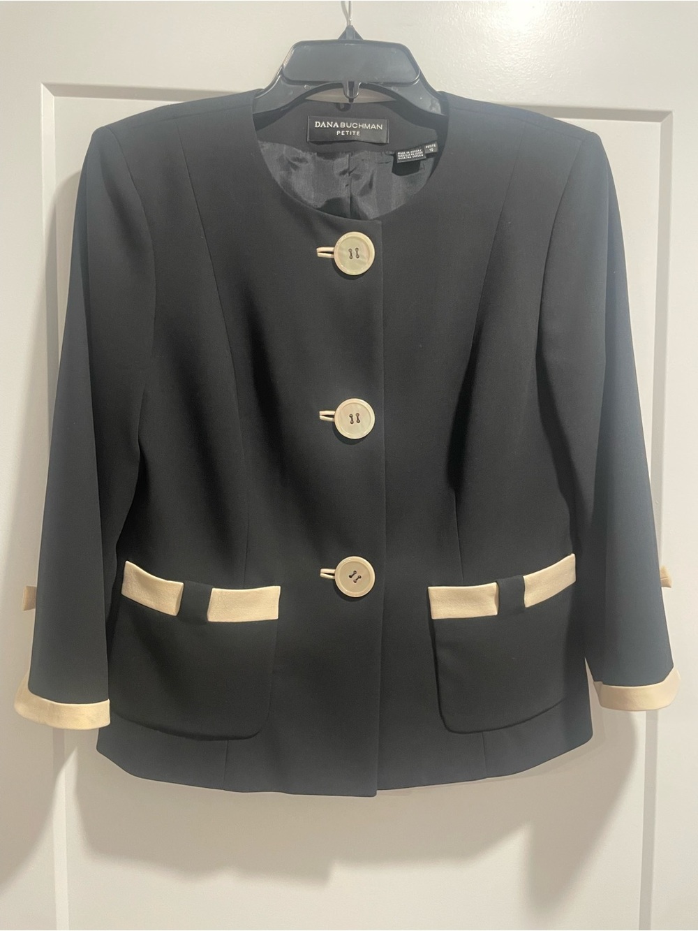 Dana Buchman Black Jacket with Cream Trim and Buttons